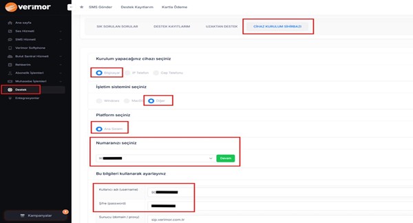 Verimor Online İşlem Merkezi - Cihaz Kurulum Sihirbazı ekranı
