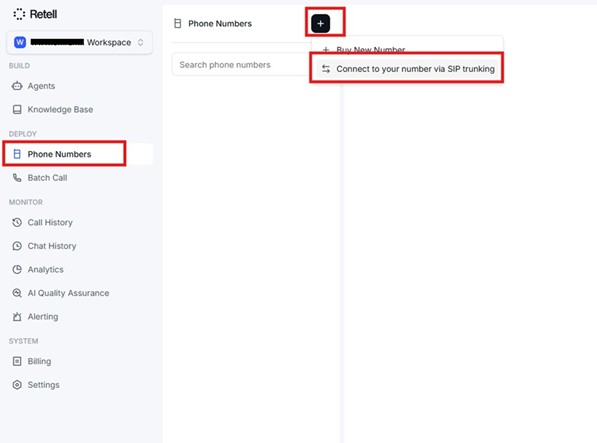 Retell AI - Phone Numbers ekranında SIP trunking seçeneği