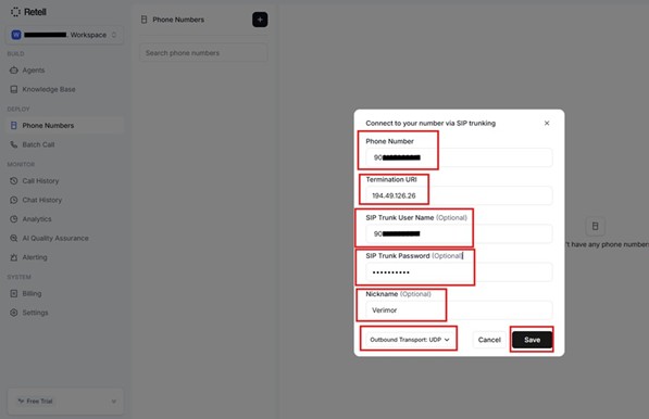 Retell AI - SIP Trunk bağlantı formu doldurulmuş hali