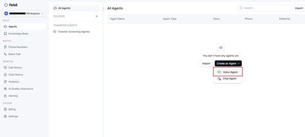 Retell AI - Voice Agent oluşturma ekranı