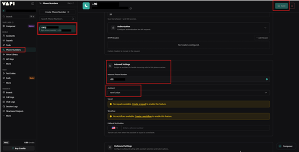 VAPI - Inbound Settings ekranında yapay zeka asistanı seçimi