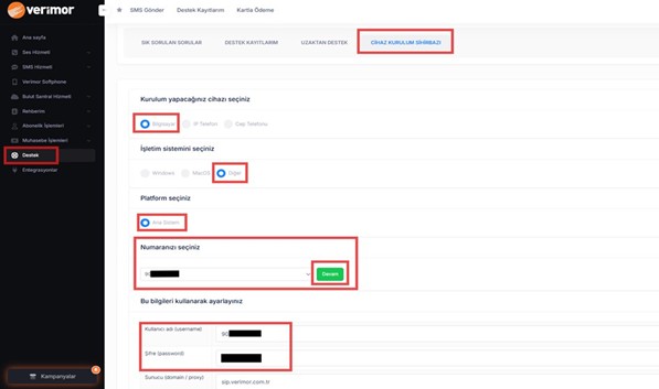 Verimor Online İşlem Merkezi - Cihaz Kurulum Sihirbazı ekranı