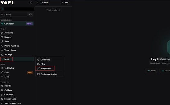 VAPI paneli - More menüsünden Integrations ve SIP Trunk sekmesi