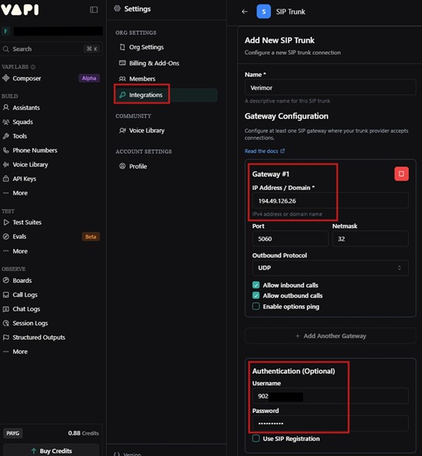 VAPI - SIP Trunk bağlantı formu Verimor bilgileriyle doldurulmuş hali