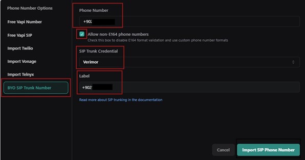 VAPI - BYO SIP Trunk Number seçeneğiyle numara tanımlama ekranı